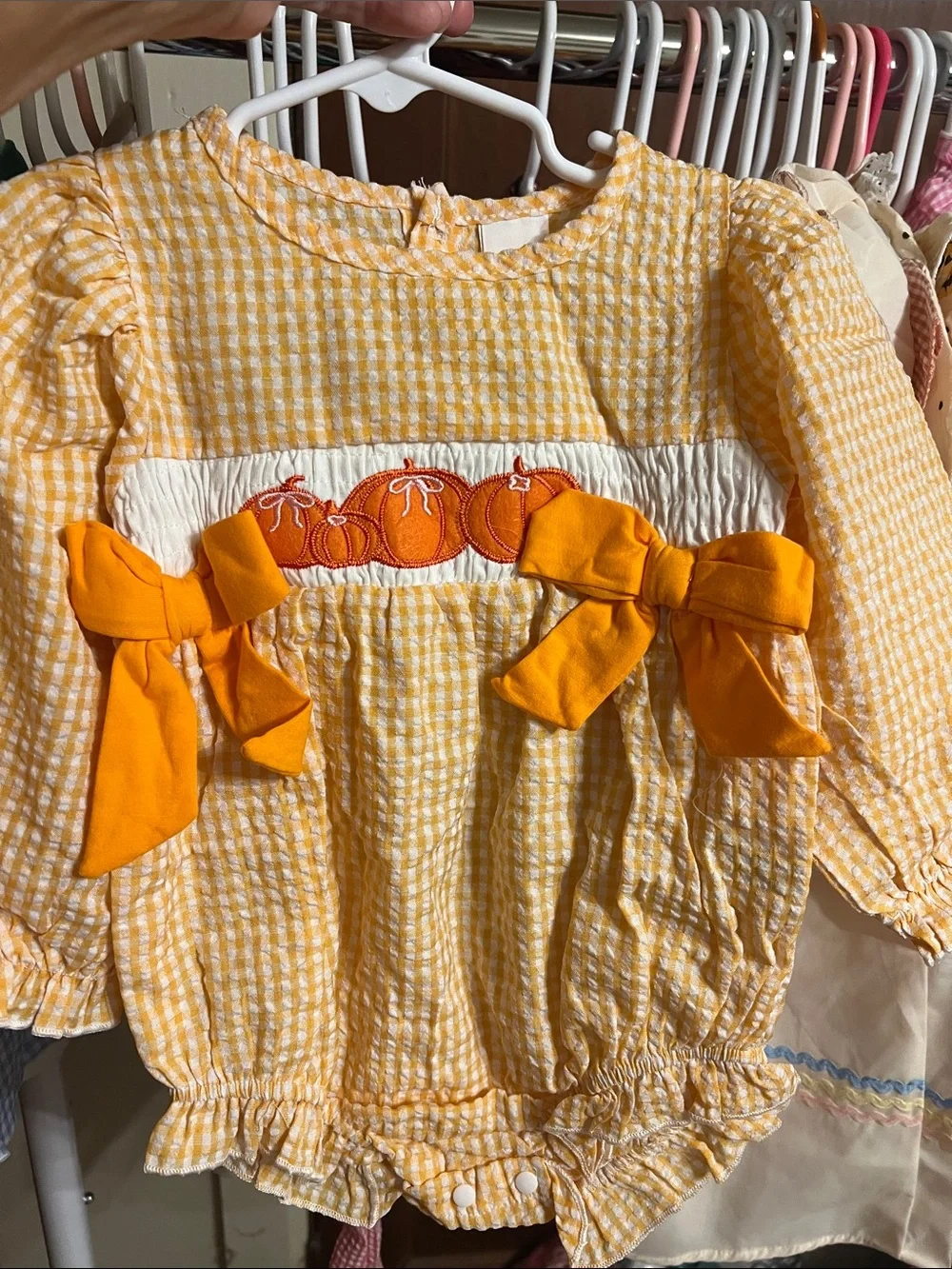 Orange lighting not good  Gingham Baby Romper with Pumpkin Embroidery NWOT